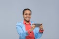 Young Business Woman Using Cell Smart Phone African American Girl Happy Smile Businesswoman Royalty Free Stock Photo