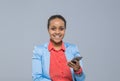 Young Business Woman Using Cell Smart Phone African American Girl Happy Smile Businesswoman Royalty Free Stock Photo