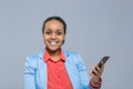 Young Business Woman Using Cell Smart Phone African American Girl Happy Smile Businesswoman Royalty Free Stock Photo