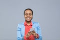 Young Business Woman Using Cell Smart Phone African American Girl Happy Smile Businesswoman Royalty Free Stock Photo