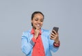 Young Business Woman Using Cell Smart Phone African American Girl Happy Smile Businesswoman Royalty Free Stock Photo