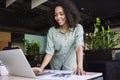 Young business woman using laptop computer at office, Student girl working at modern workspace Royalty Free Stock Photo