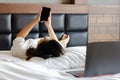 Young business woman using moble phone on bed while working from home during covid -19 crisis