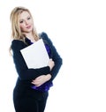 Young business woman wearing suit holding white folder