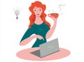 A young business woman is working on a laptop and drinking coffee. A modern red-haired girl pauses to adjust to ideas
