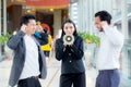 Young business woman working at the office, shouting and yellin Royalty Free Stock Photo