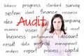 Young business woman writing audit concept. Isolated on white.