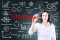 Young business woman writing business strategy concept