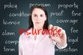 Young business woman writing insurance concept. Royalty Free Stock Photo