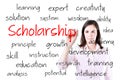 Young business woman writing scholarship concept. Isolated on white.