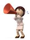 A young business woman yelling out with a big megaphone. She cheers hard and encourages everyone. She features big eyes, and she