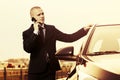 Young businessman calling on cell phone next to his car Royalty Free Stock Photo