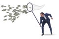 Young businessman catching dollars with landing net
