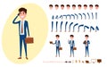 Young Businessman character creation set for animation. Set of guy acting in suit using smartphone. Parts body template.