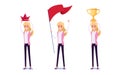 Young businessman character design. Set of business woman acting in suit holds crown, flag, trophy of success, Different emotions