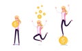 Young businessman character design. Set of business woman acting in suit with money, Different emotions, poses and running,