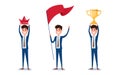 Young businessman character design. Set of guy acting in suit holds crown, flag, trophy of success, Different emotions, poses Royalty Free Stock Photo