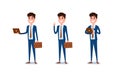 Young businessman character design. Set of guy acting in suit holds laptop, Different emotions, poses and running, walking