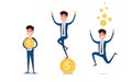 Young businessman character design. Set of guy acting in suit with money, Different emotions, poses and running, walking, standing