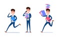 Young businessman character design. Set of guy acting in suit working in office, Different emotions, poses and running, walking