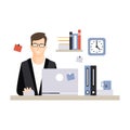 Young businessman character sitting at the computer desk with laptop and working, daily life of office employee vector Royalty Free Stock Photo