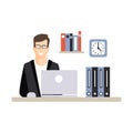 Young businessman character working with laptop at his office workplace, daily life of office employee vector Royalty Free Stock Photo