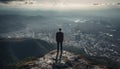 Young businessman conquering adversity, standing on mountain peak, achieving success generated by AI Royalty Free Stock Photo