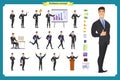 Young businessman.Different poses and emotions, running, standing, sitting, walking, happy, angry.