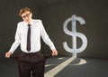 Young businessman with empty pockets in a dollar room Royalty Free Stock Photo