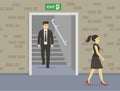 Young businessman exit office down stairs. Male character staring at female in the building. Royalty Free Stock Photo