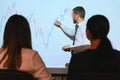 Young Businessman Explaining Graphs To His Colleagues On Projector Royalty Free Stock Photo