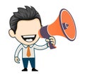 Young businessman giving announcement using loudspeaker. Joyful man holding megaphone Royalty Free Stock Photo