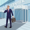 Businessman comes out of business center