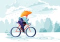 Young businessman going to work under the autumn rain. Businessman with umbrella on bicycle.