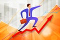 young businessman going up on growing steps Arrow and points forward in direction of movement with business statistics chart