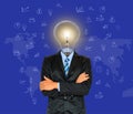 Young businessman have a head as lamp with creativity for success on map background Royalty Free Stock Photo