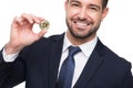 Young businessman holding bitcoin with toothy smile isolated Royalty Free Stock Photo