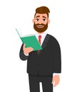 Young businessman is holding a book. Person reads textbook. Male character design illustration. Human emotions, facial expressions