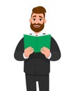 Young businessman is holding a book. Person reads textbook. Male character design illustration. Human emotions, facial expressions