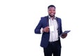 Young businessman holding a cup of coffee and a digital tablet Royalty Free Stock Photo