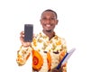 Young businessman holding a document and showing phone and document Royalty Free Stock Photo