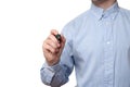 Young businessman holding marker and writes on glass screen for adding text and graphic Royalty Free Stock Photo