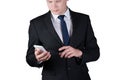 Young businessman holding a mobile phone isolated on white background Royalty Free Stock Photo