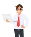 Young businessman holding a new brand laptop. Trendy person using a latest computer. Male character design illustration.