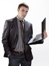 Young Businessman holding notebook computer