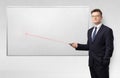 Businessman with laser pointer and copyspace white blackboard Royalty Free Stock Photo