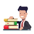 Young businessman or manager works and learns from books. Business literature. Satisfied man in a business suit. Flat