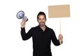 Young businessman with a Megaphone and a poster proclaiming some