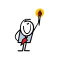 A young businessman in an office suit holds a burning torch in his raised hand and illuminates the financial path in the