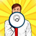 Young businessman with open mouth and megaphone screaming announcement. Colorful vector pop art Royalty Free Stock Photo